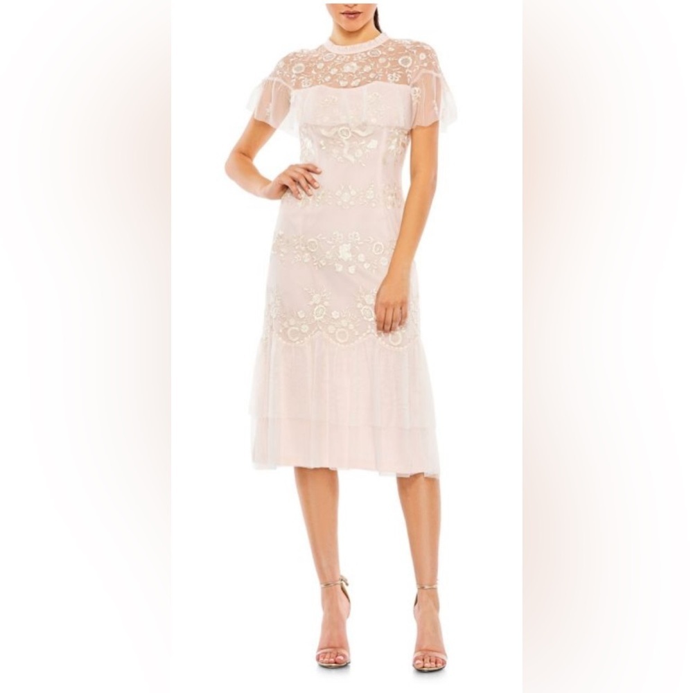 NWT Mac Duggal #35147 Sheer Neck Flutter Sleeve Dress in Blush